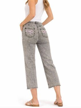 ASHLEY MASON Gray Baggy Bow Embroidered Pocket Jeans